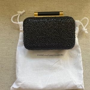 Diane Von Furstenberg Black Tonda Pave Crystal and Leather Evening Clutch Purse